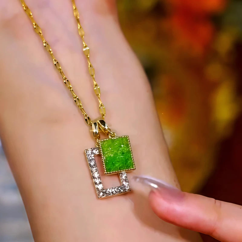 14K Gold-Plated Zircon Diamond Green Crystal Geometric Rectangular Necklace worn to showcase its length and pendant detail