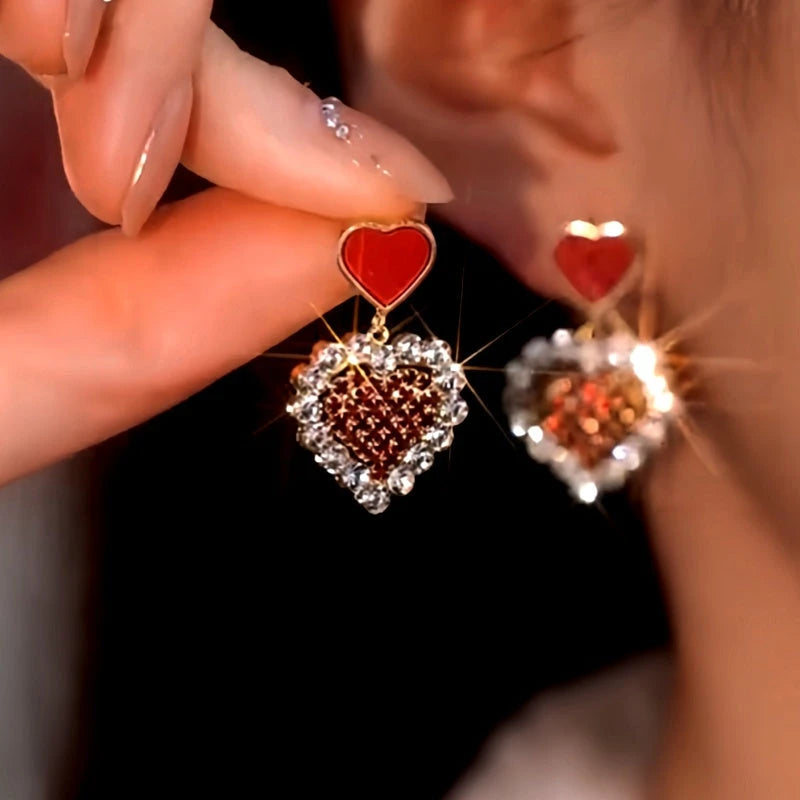 14K Gold-Plated Zircon Diamond Heart Earrings - elegant Red Heart Dangle Earrings