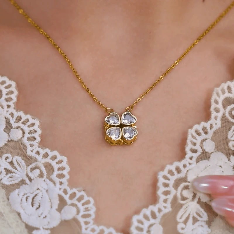 14K Gold-Plated Zircon Diamond Heart Magnetic Opening And Closing Necklace worn to showcase its length and pendant detail