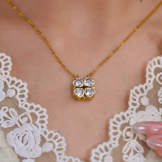 14K Gold-Plated Zircon Diamond Heart Magnetic Opening And Closing Necklace worn to showcase its length and pendant detail