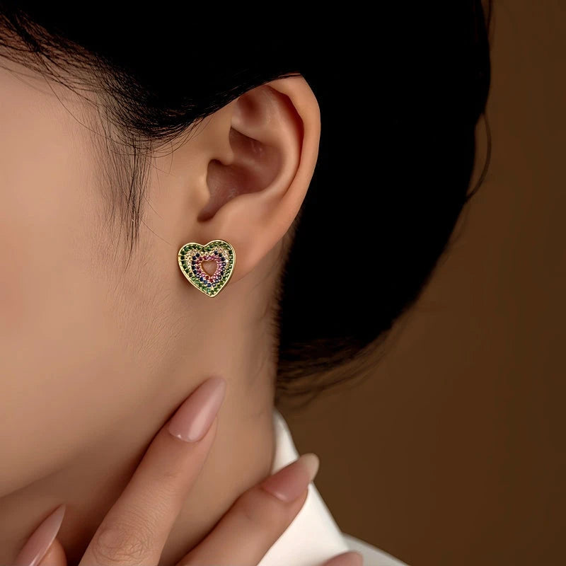 Close-up detail of the sparkling zircons and plating on the Colorful Heart Studs