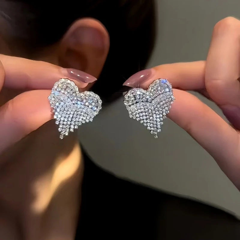 14K Gold-Plated Zircon Diamond Heart Tassel Earrings - elegant Heart Tassel Earrings