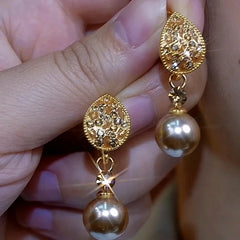 14K Gold-Plated Zircon Diamond Leaf Pearl Earrings - elegant Leaf Pearl Earrings