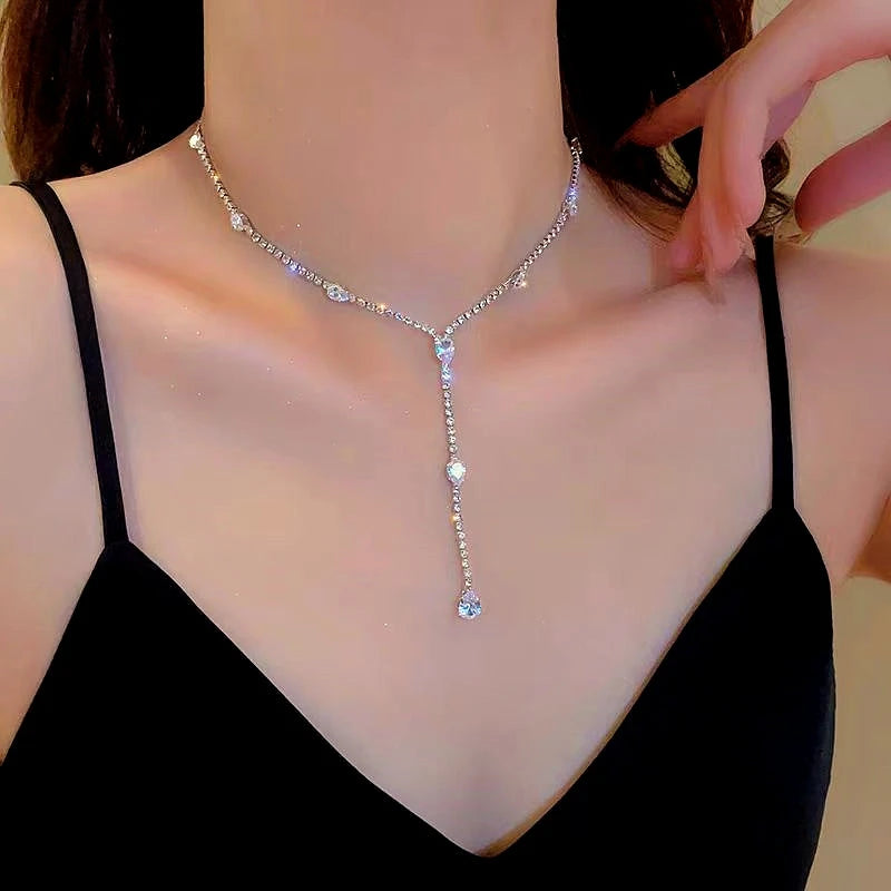 14K Gold-Plated Zircon Diamond Necklace worn to showcase its length and pendant detail