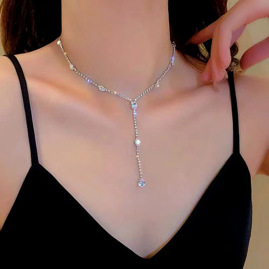 14K Gold-Plated Zircon Diamond Necklace worn to showcase its length and pendant detail