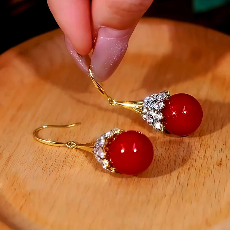 Angled view of the 14K Gold-Plated Zircon Diamond Pearl Ear Hook Earrings
