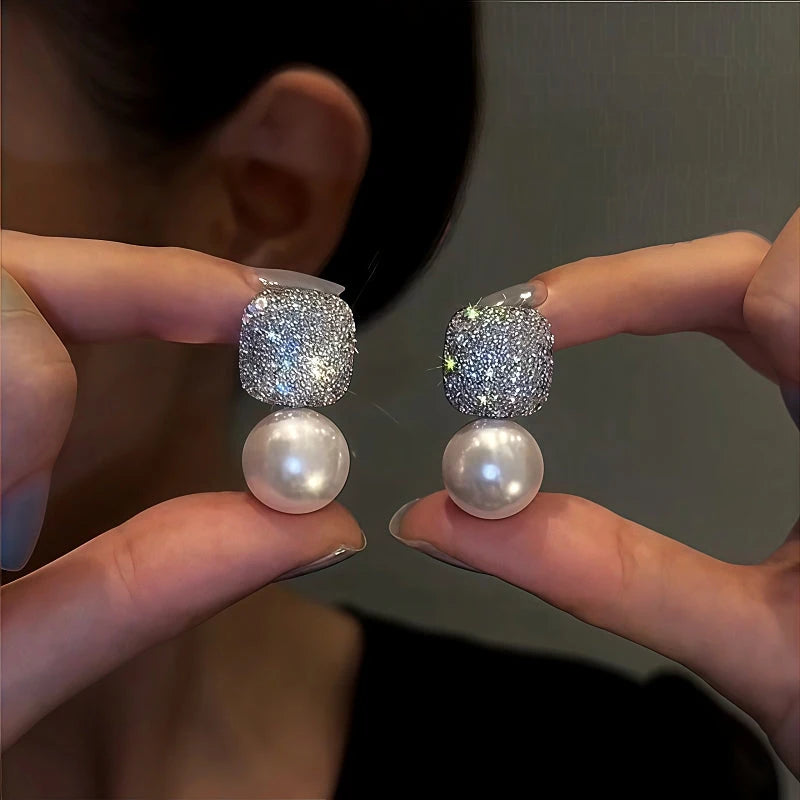 14K Gold-Plated Zircon Diamond Pearl Earrings - elegant White Pearl Earrings