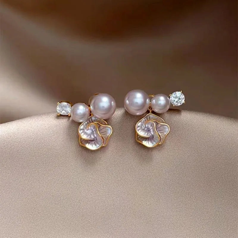 Close-up detail of the sparkling zircons and plating on the Pearl Flower Earrings