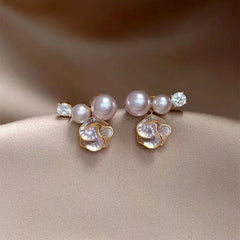 Close-up detail of the sparkling zircons and plating on the Pearl Flower Earrings