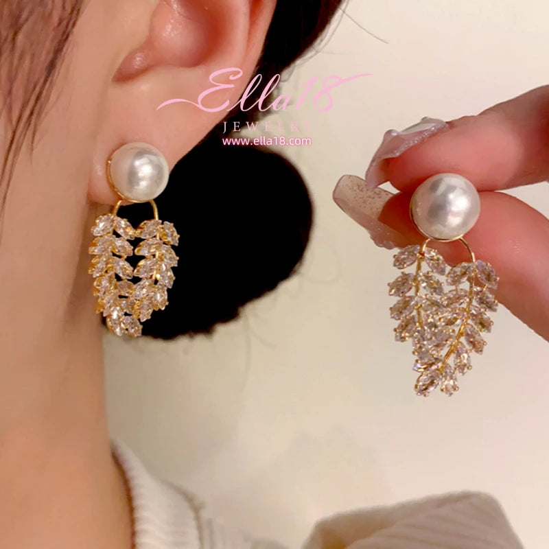 14K Gold-Plated Zircon Diamond Pearl Leaf Earrings - elegant Pearl Leaf Earrings