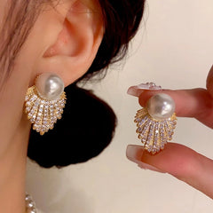 14K Gold-Plated Zircon Diamond Pearl Tassel Earrings - elegant Pearl Tassel Earrings