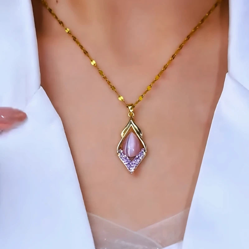 Close-up of the pendant and clasp on the Purple Crystal Necklace