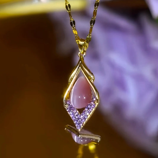 14K Gold-Plated Zircon Diamond Purple Crystal Stone Water Drop Necklace worn to showcase its length and pendant detail