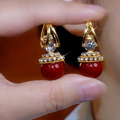 14K Gold-Plated Zircon Diamond Red Pearl Earrings - elegant Bow Pearl Earrings