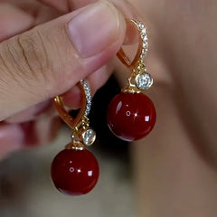 14K Gold-Plated Zircon Diamond Red Pearl Earrings - elegant Red Pearl Earrings