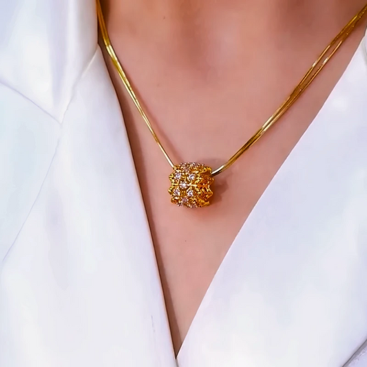 14K Gold-Plated Zircon Diamond Ring Pendant Necklace worn to showcase its length and pendant detail