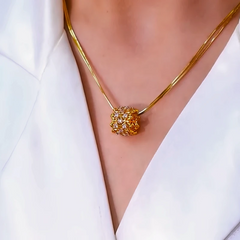 14K Gold-Plated Zircon Diamond Ring Pendant Necklace worn to showcase its length and pendant detail