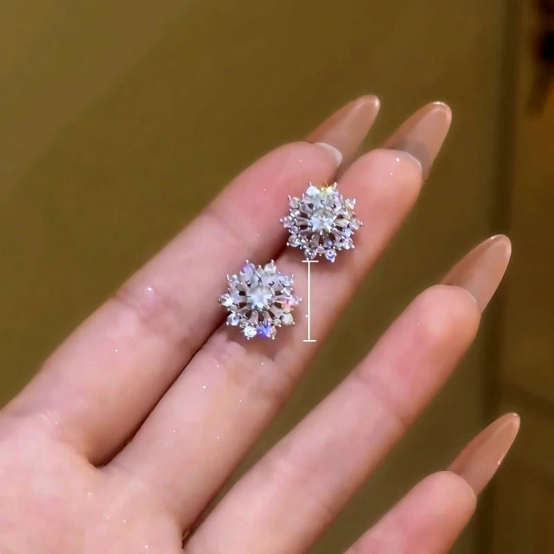Close-up detail of the sparkling zircons and plating on the Snowflake Stud Earrings