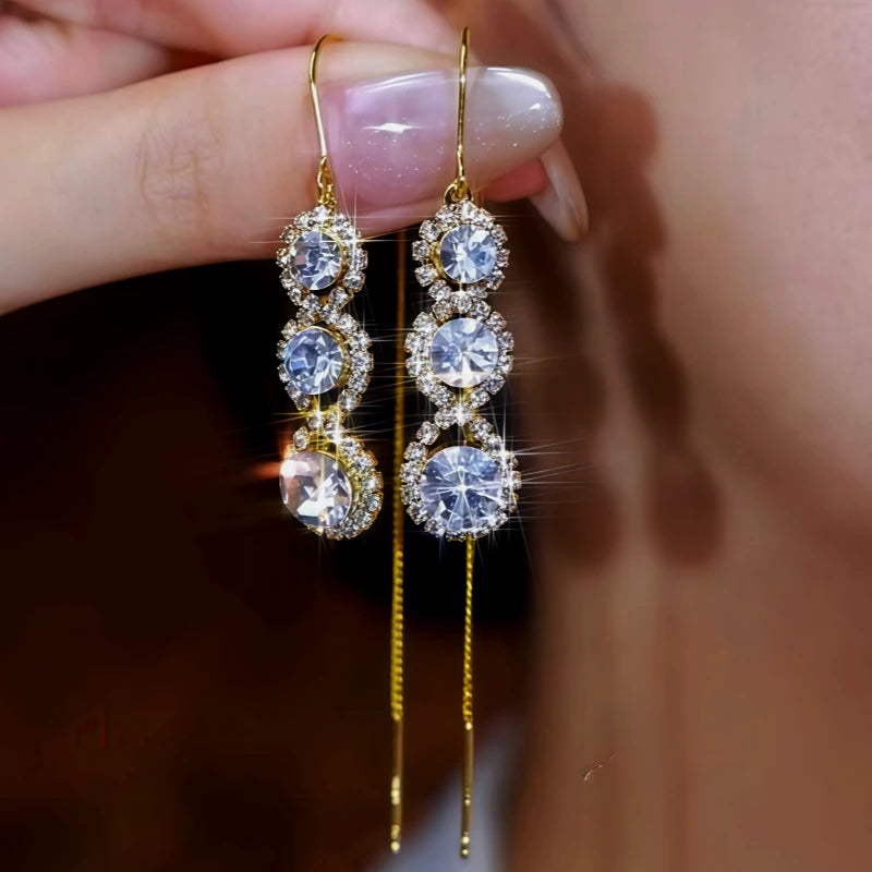 14K Gold-Plated Zircon Diamond Tassel Threader Earrings - elegant Tassel Threader Earrings