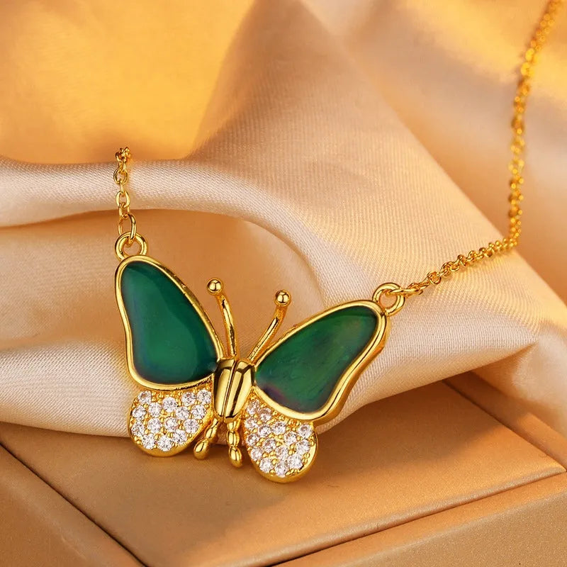 14K Gold-Plated Zircon Diamond Temperature-Changing Butterfly Magnetic Necklace worn to showcase its length and pendant detail