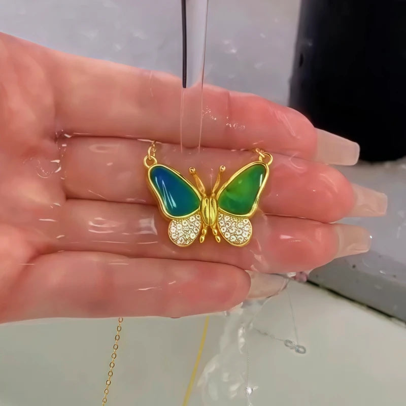 14K Gold-Plated Zircon Diamond Temperature-Changing Butterfly Magnetic Necklace - beautiful Butterfly Magnetic Necklace