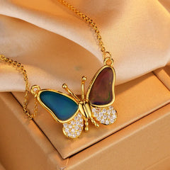 Detailed view of the 14K Gold-Plated Zircon Diamond Temperature-Changing Butterfly Magnetic Necklace chain and pendant