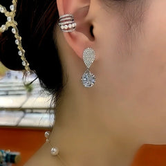 Close-up detail of the sparkling zircons and plating on the Silver Water Drop Earrings