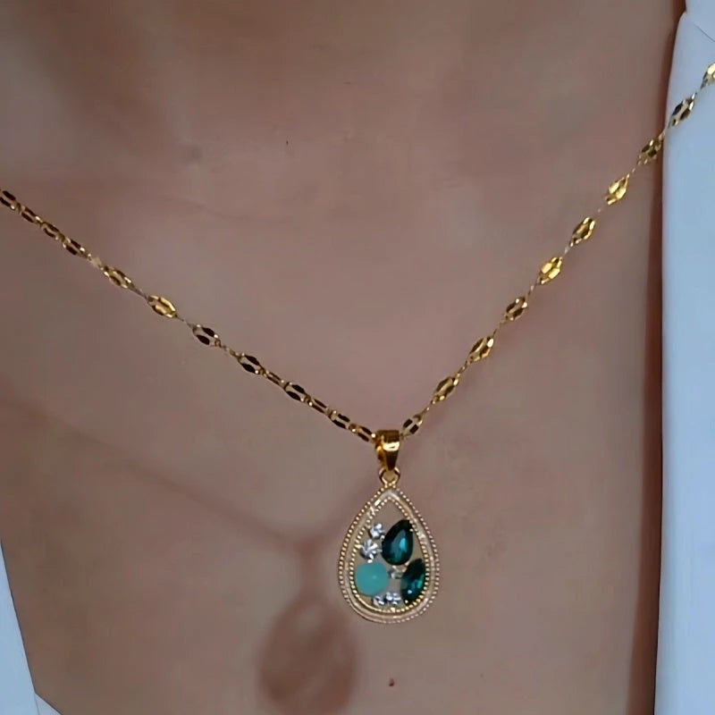 14K Gold-Plated Zircon Diamond Water Drop Pendant Necklace - beautiful Green Water Drop Necklace
