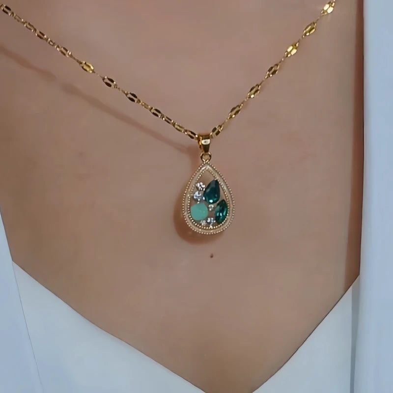 14K Gold-Plated Zircon Diamond Water Drop Pendant Necklace worn to showcase its length and pendant detail