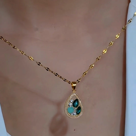 14K Gold-Plated Zircon Diamond Water Drop Pendant Necklace - beautiful Green Water Drop Necklace