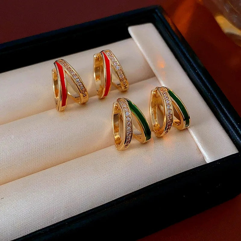 Model showcasing the dangle and style of the 14K Gold-Plated Zircon Double-Layer Hoop Earrings