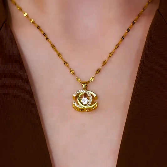 14K Gold-Plated Zircon Double C Necklace worn to showcase its length and pendant detail