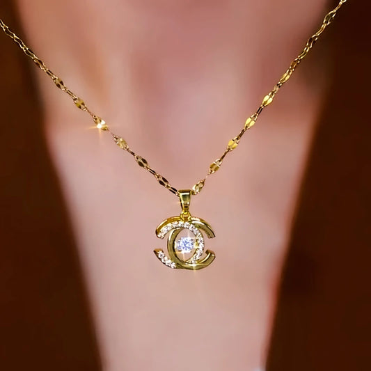 14K Gold-Plated Zircon Double C Necklace - beautiful Double C Necklace