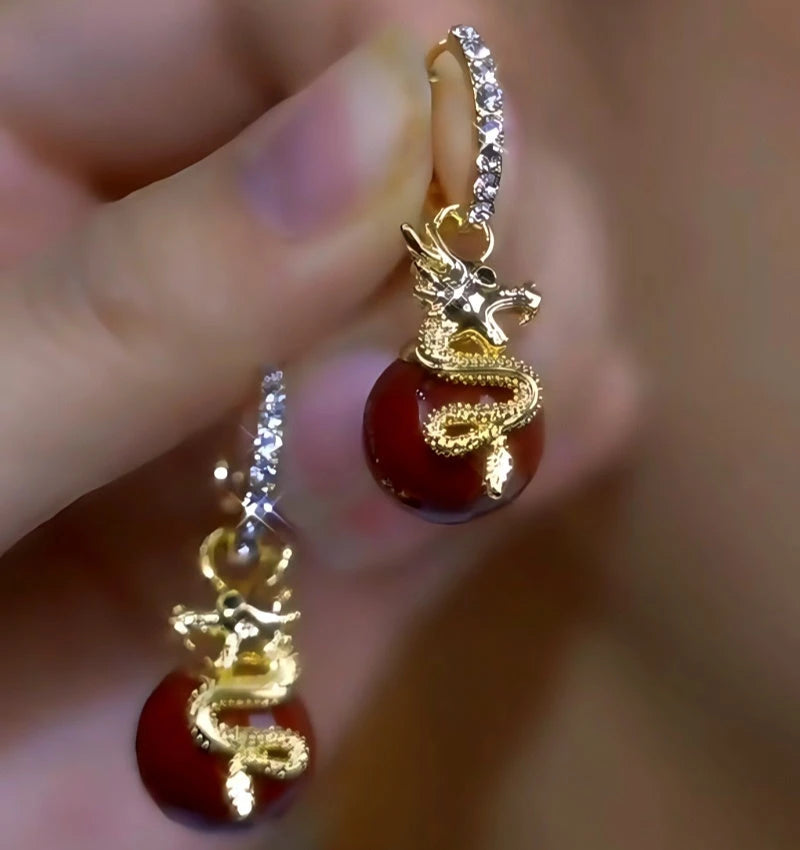 14K Gold-Plated Zircon Dragon Pearl Earrings - elegant Dragon Pearl Earrings