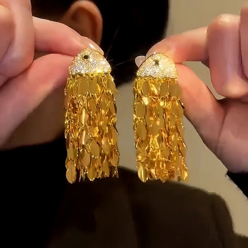 14K Gold-Plated  Zircon Fish Head Tassel Earrings - elegant gold tassel earrings