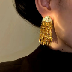Model showcasing the dangle and style of the 14K Gold-Plated  Zircon Fish Head Tassel Earrings
