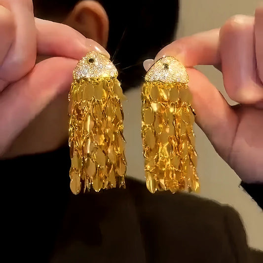 14K Gold-Plated  Zircon Fish Head Tassel Earrings - elegant gold tassel earrings