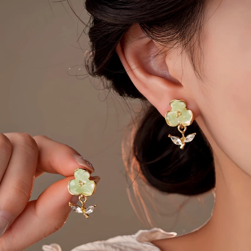 14K Gold-Plated Zircon Flower Earrings - elegant Green Flower Earrings