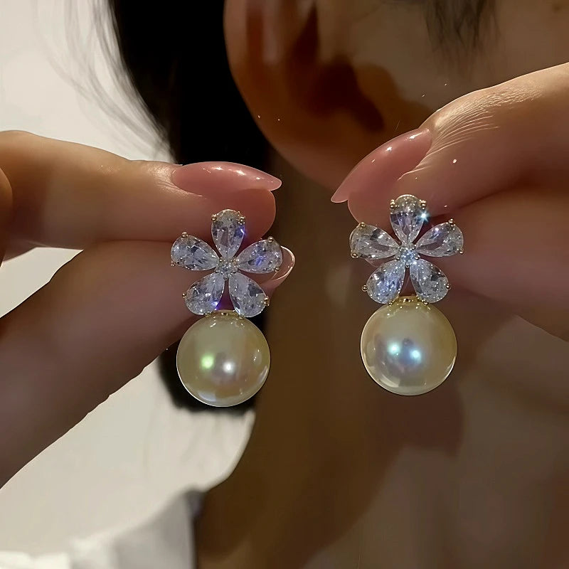 14K Gold-Plated Zircon Flower Pearl Earrings - elegant Golden Flower Pearl