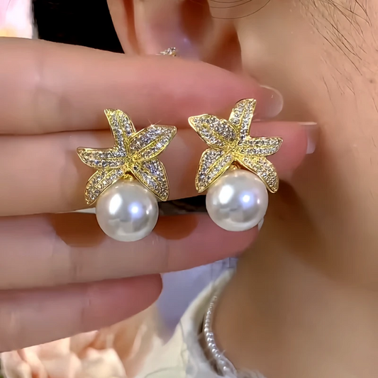 14K Gold-Plated Zircon Flower Pearl Earrings - elegant Asymmetrical Flower Pearl