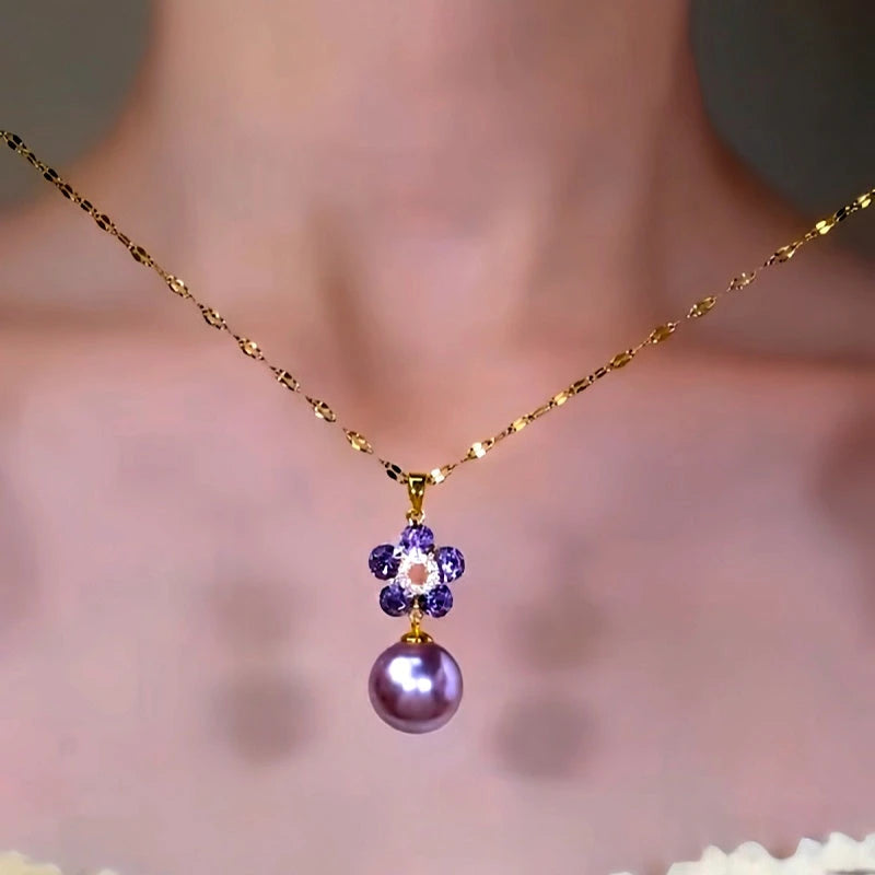 14K Gold-Plated Zircon Flower Pearl Pendant Necklace - beautiful Lavender Flower Pearl
