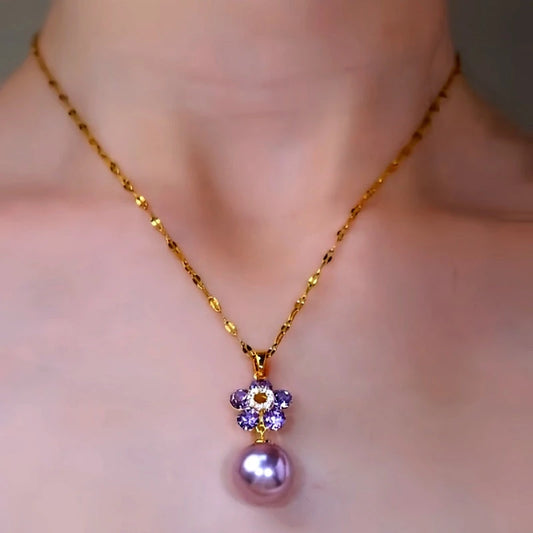 14K Gold-Plated Zircon Flower Pearl Pendant Necklace worn to showcase its length and pendant detail