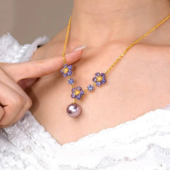 14K Gold-Plated Zircon Flower Pearl Pendant Necklace - beautiful Purple Flower Pearl