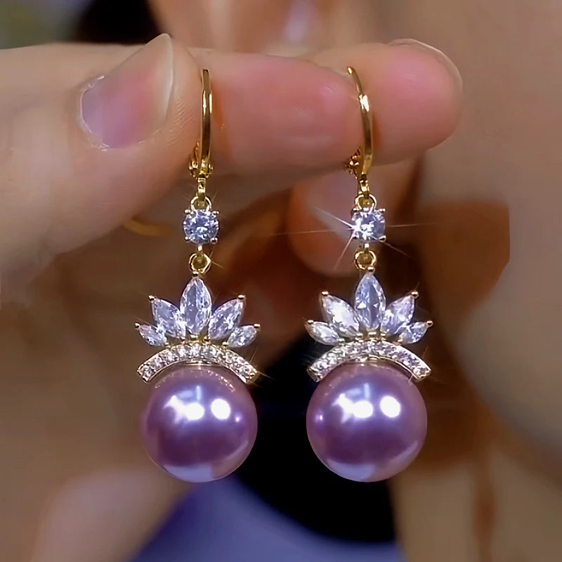 14K Gold-Plated Zircon Flower Purple Pearl Earrings - elegant Purple Flower Pearl