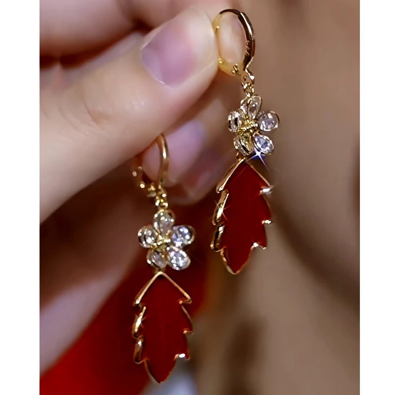 14K Gold-Plated Zircon Flower Red Leaf Earrings - elegant Red Leaf Flower