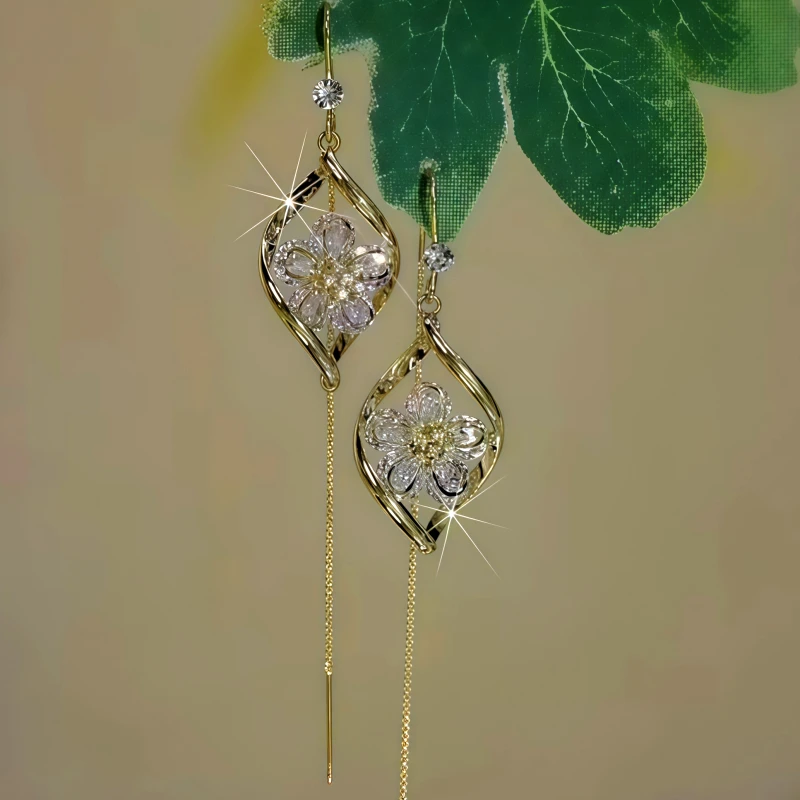 Close-up detail of the sparkling zircons and plating on the Flower Threader Earrings