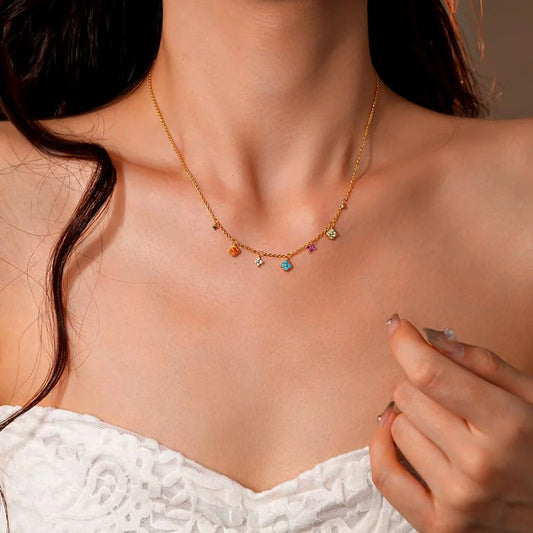 14K Gold-Plated Zircon Four-Leaf Clover Tassel Necklace worn to showcase its length and pendant detail