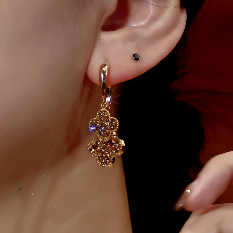 Close-up detail of the sparkling zircons and plating on the Tortoiseshell Clover Studs