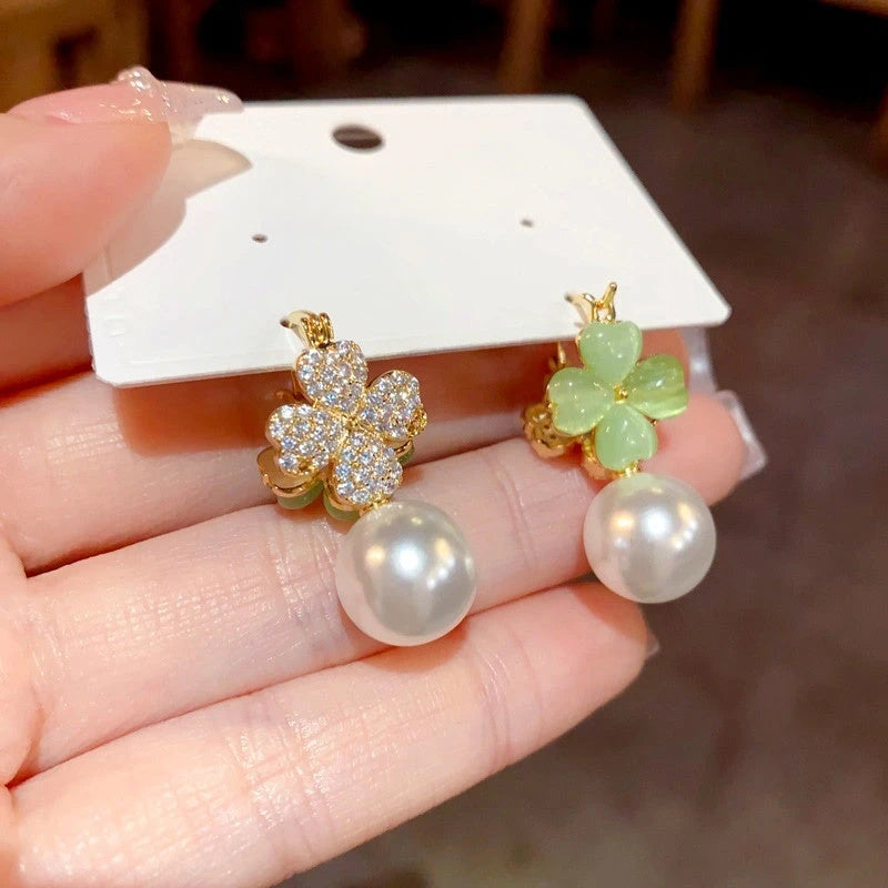14K Gold-Plated Zircon Green Cat's Eye Stone Flower Pearl Earrings - elegant Cat's Eye Flower Pearl