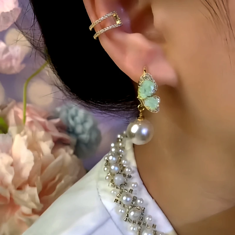 Close-up detail of the sparkling zircons and plating on the Crystal Butterfly Earrings